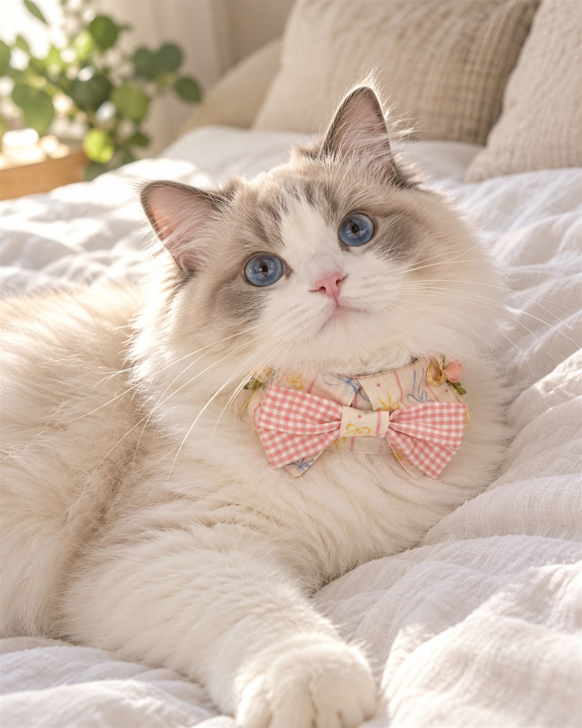 AI-generated preview: a Ragdoll cat wearing the Cream Dream bow tie on a white bed