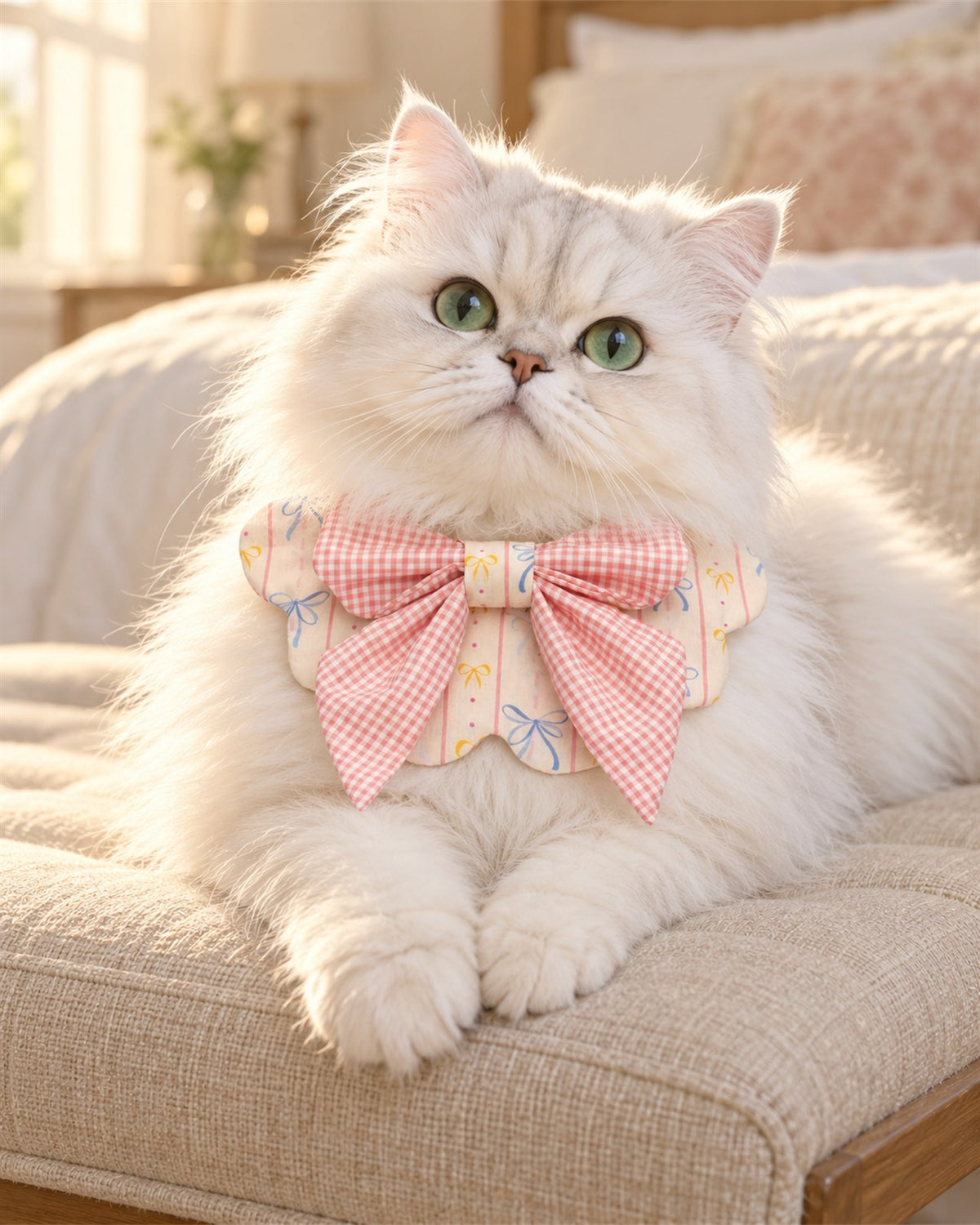 AI-generated preview: a Chinchilla Persian cat wearing the Cream Dream petal bib