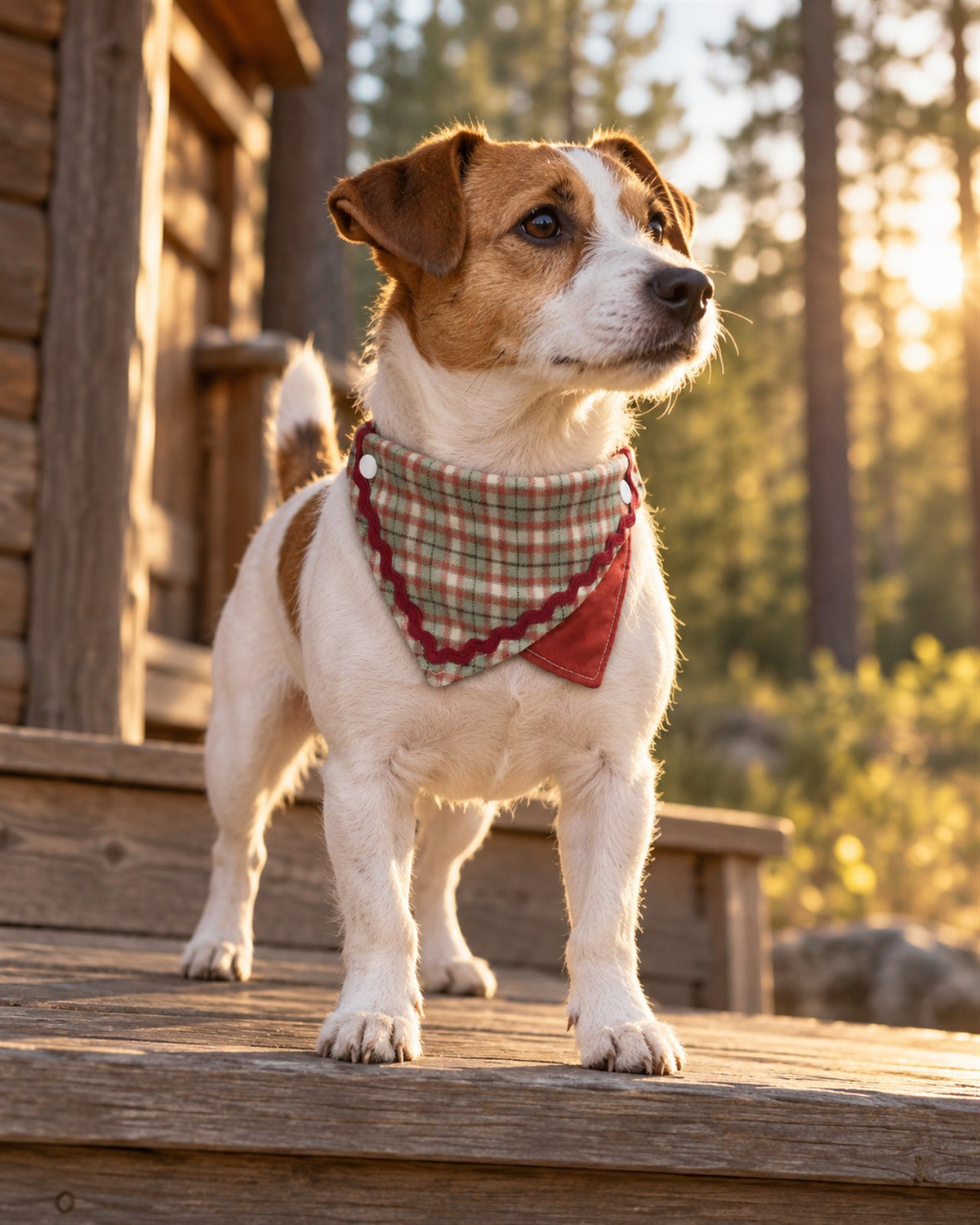 AI-generated preview: a Jack Russell terrier wearing the Forest & Flame bandana on a porch