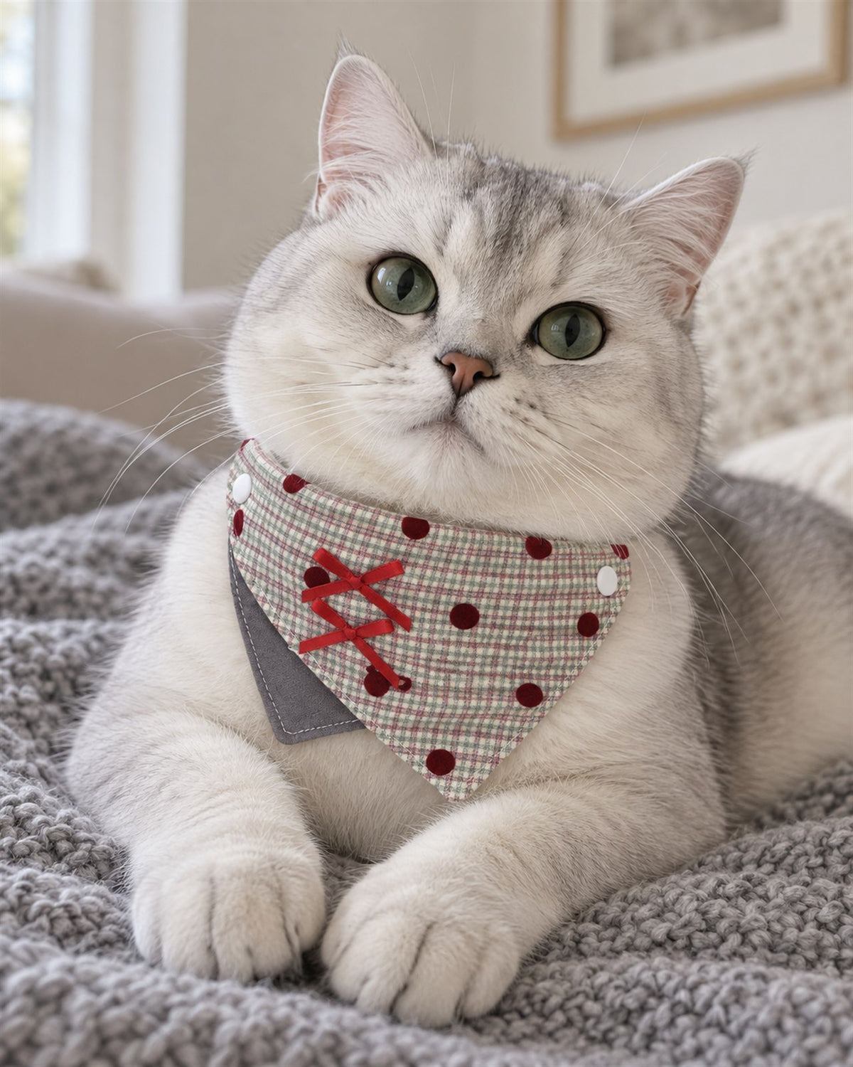 AI-generated preview: a silver shaded cat wearing the Misty Grey bandana on a knit throw