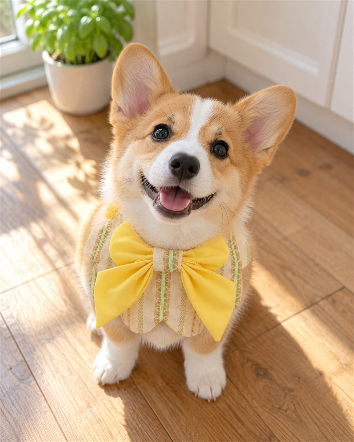 AI-generated preview: a corgi wearing the Lemon Morning bow bib