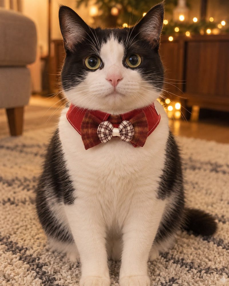 AI-generated preview: a tuxedo cat wearing the New Year Red bow tie