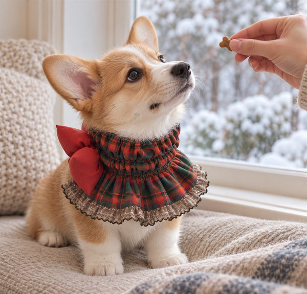 AI-generated: a corgi puppy in a red tartan holiday collar reaching for a treat by a snowy window