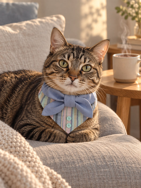AI-generated: a tabby cat in a blue sailor collar on the sofa next to a cup of cocoa