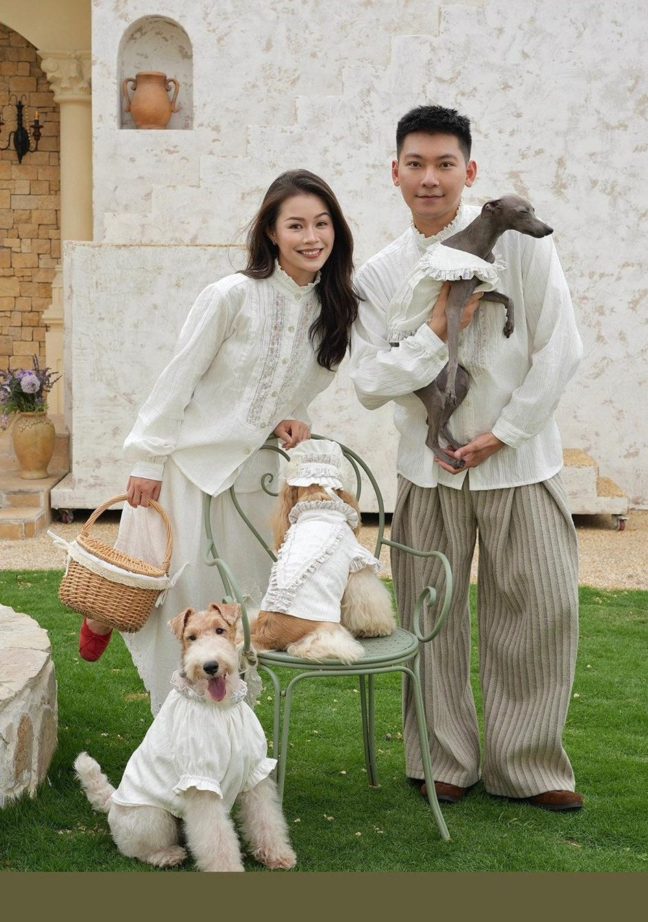 Owners and dog in matching outfits