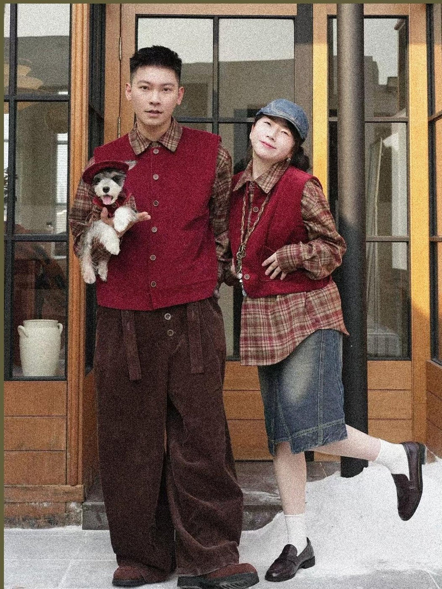 Owners and dog in matching fall outfits