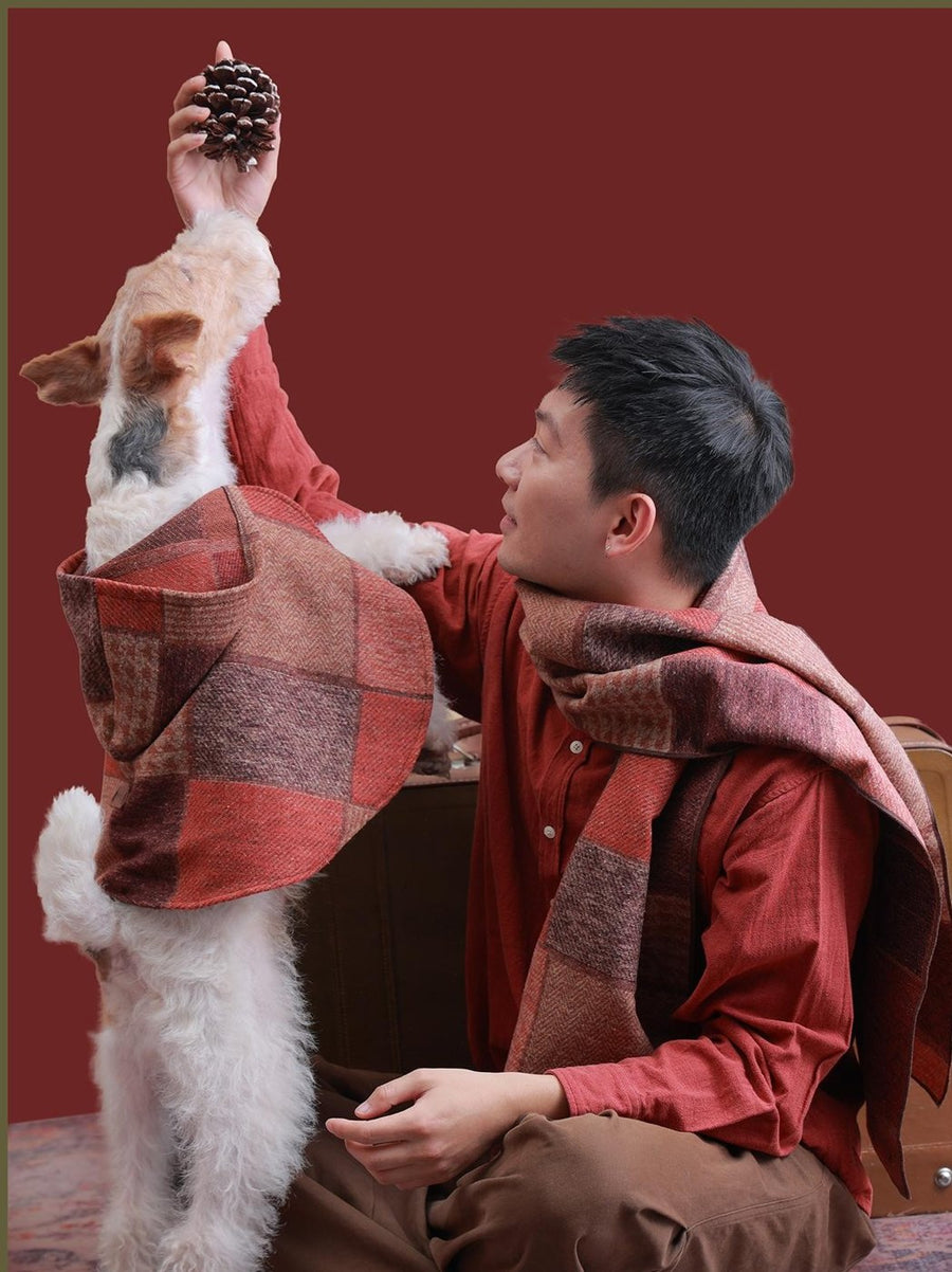 Owner and dog in matching holiday outfits
